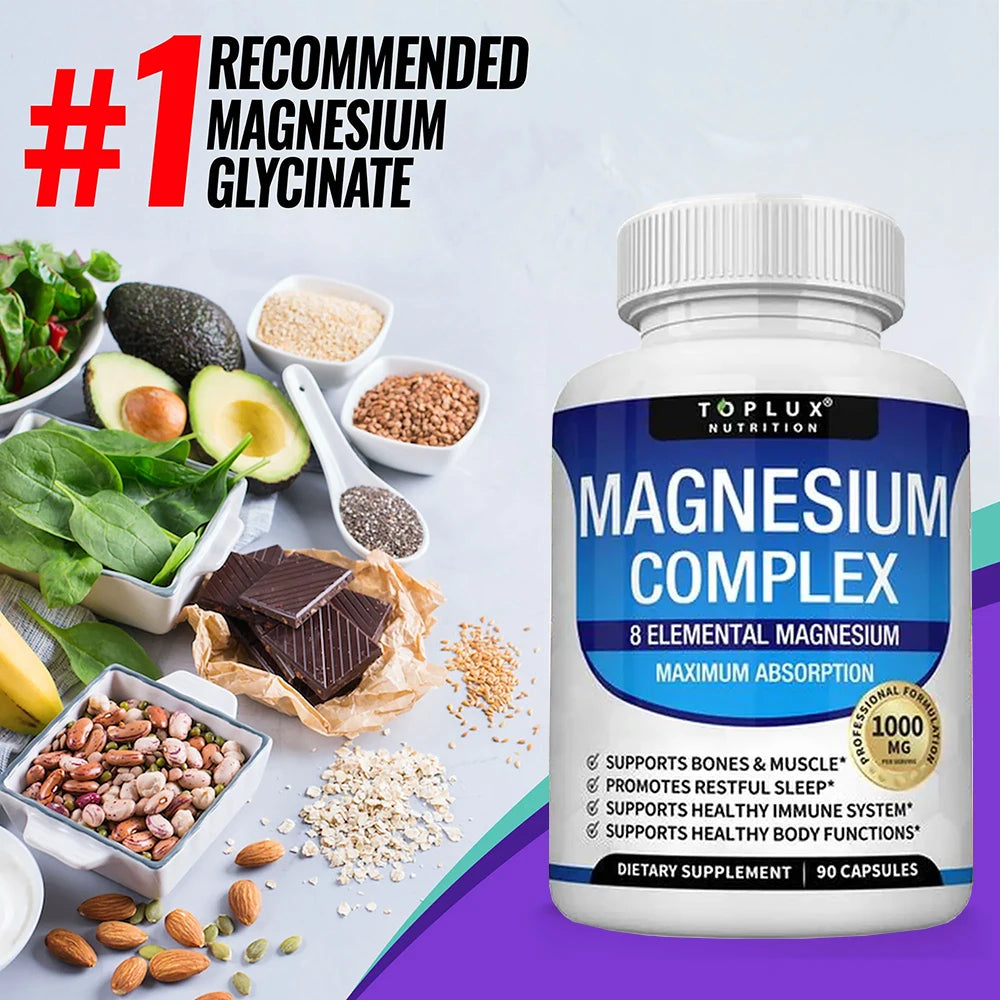 Magnesium Complex Supplement 1000mg - Magnesium Glycinate, Citrate, Malate, Taurate, for Bones, Muscle, Energy 90 Vegan Capsules