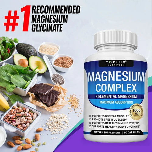 Magnesium Complex Supplement 1000mg - Magnesium Glycinate, Citrate, Malate, Taurate, for Bones, Muscle, Energy 90 Vegan Capsules