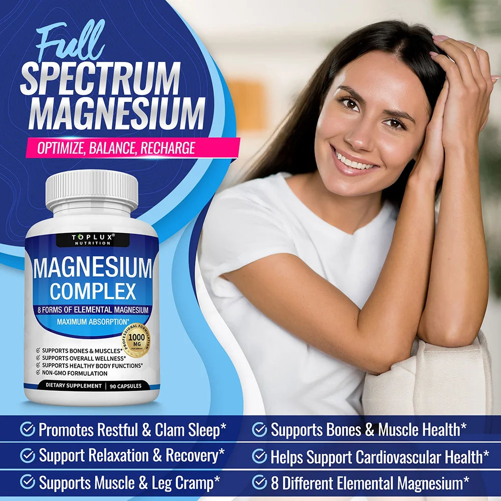 Magnesium Complex Supplement 1000mg - Magnesium Glycinate, Citrate, Malate, Taurate, for Bones, Muscle, Energy 90 Vegan Capsules