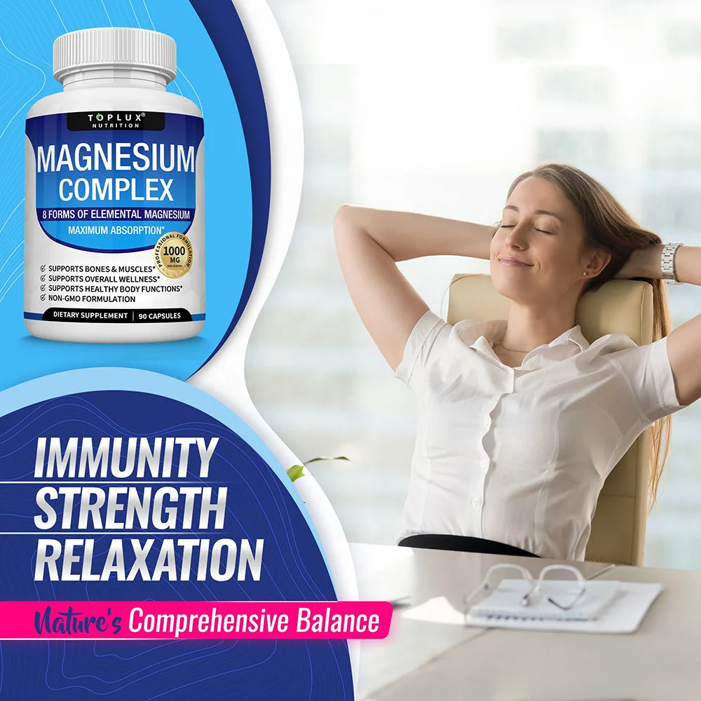 Magnesium Complex Supplement 1000mg - Magnesium Glycinate, Citrate, Malate, Taurate, for Bones, Muscle, Energy 90 Vegan Capsules