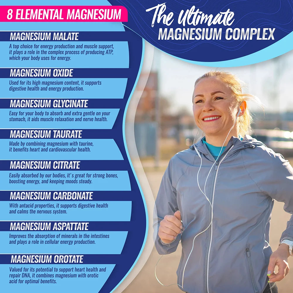 Magnesium Complex Supplement 1000mg - Magnesium Glycinate, Citrate, Malate, Taurate, for Bones, Muscle, Energy 90 Vegan Capsules