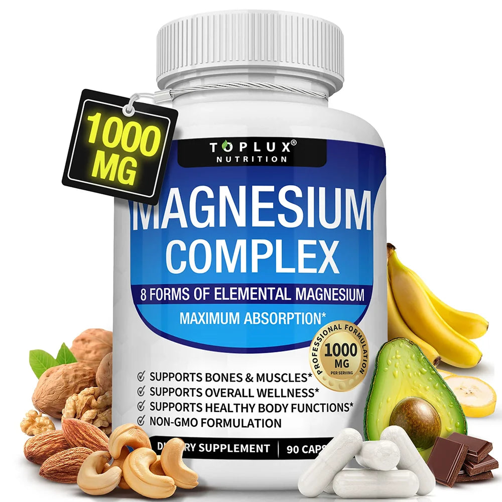 Magnesium Complex Supplement 1000mg - Magnesium Glycinate, Citrate, Malate, Taurate, for Bones, Muscle, Energy 90 Vegan Capsules