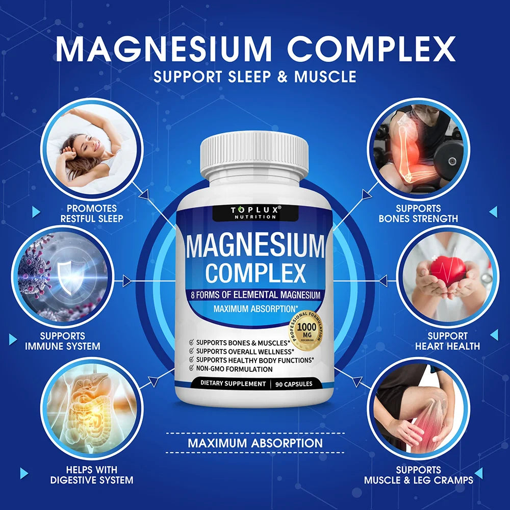 Magnesium Complex Supplement 1000mg - Magnesium Glycinate, Citrate, Malate, Taurate, for Bones, Muscle, Energy 90 Vegan Capsules